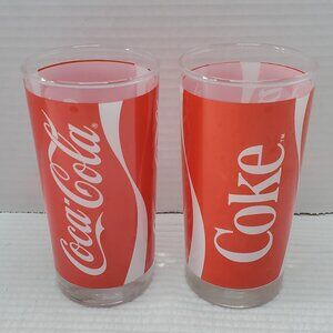 2 Coke Coca-Cola Glasses Tumblers Clear White Red Vintage 5.5" 1980s
